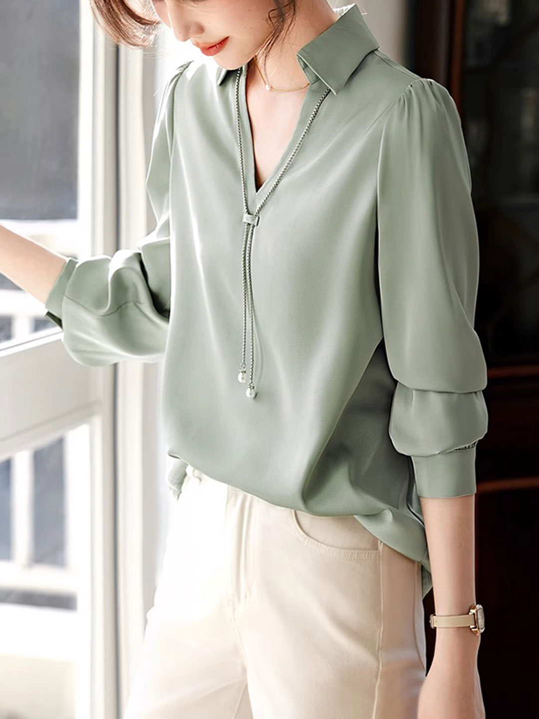 Claire | Elegant V-Neck Satin Shirt