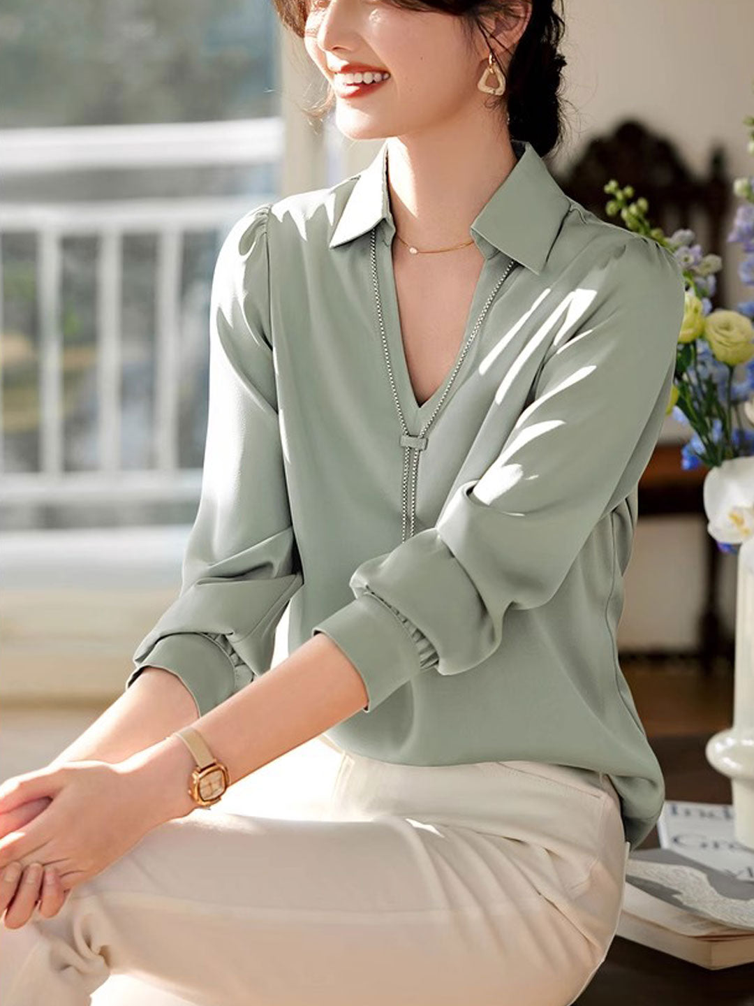 Claire | Elegant V-Neck Satin Shirt