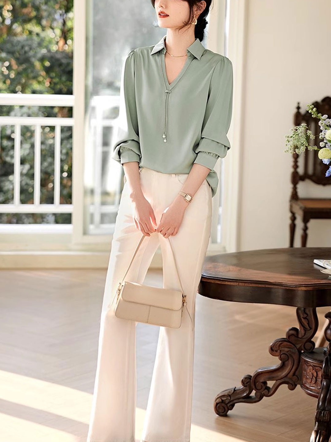 Claire | Elegant V-Neck Satin Shirt