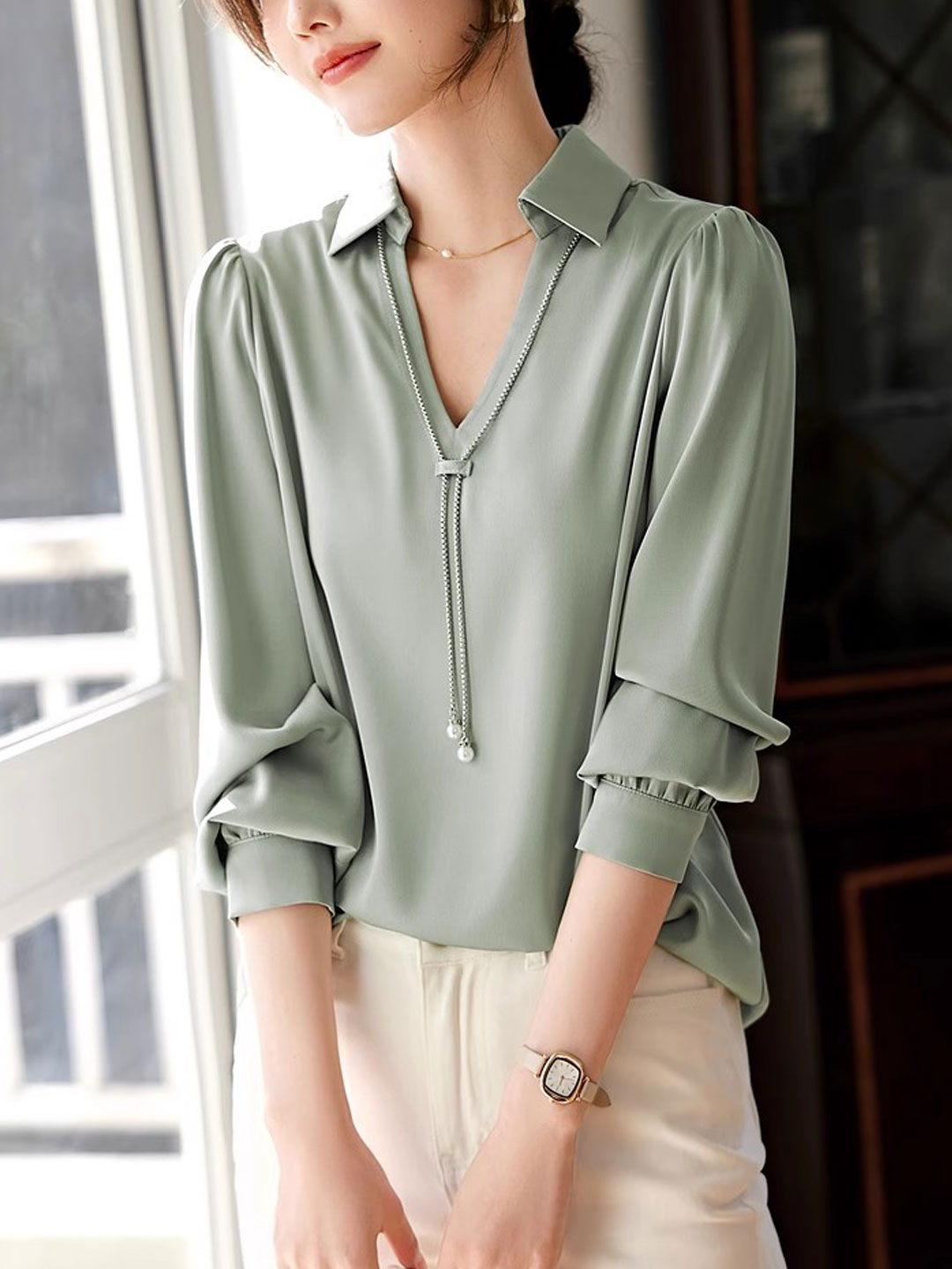 Claire | Elegant V-Neck Satin Shirt